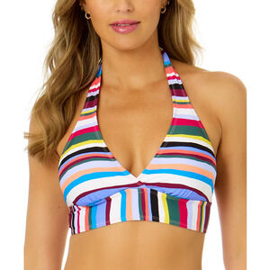 Anne Cole Women Marilyn Striped Halter Bikini Top Multi Color Stripe Size D